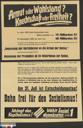 Wahlplakat der SPD zur Reichstagswahl am 31. Juli 1932