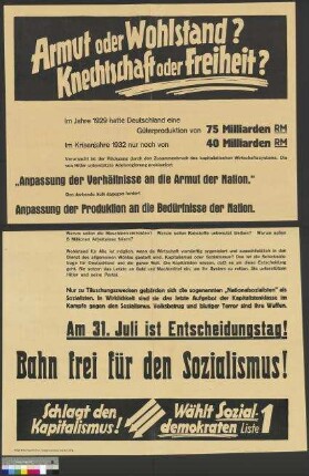 Wahlplakat der SPD zur Reichstagswahl am 31. Juli                                         1932