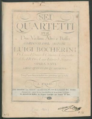 Sei Quartetti Per Due Violini Alto e Basso : Opera XXVI. ; Libro Quinto Di Quartetti.