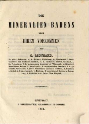 Die Mineralien Badens nach ihrem Vorkommen