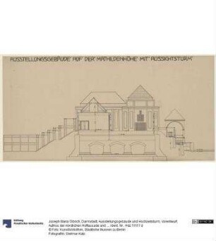 Darmstadt, Ausstellungsgebäude und Hochzeitsturm, Vorentwurf, Aufriss der nördlichen Hoffassade und Schnitt