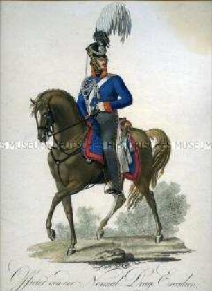 Uniformdarstellung, Offizier der Normal-Dragoner-Schwadron, Preußen, 1813, Tafel aus Jügel/Wolf: Abbildungen der neuen Königl. Preussischen Armee-Uniformen, Heft 4.