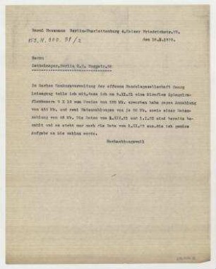Brief von Raoul Hausmann an Herrn Zettelmayer. Berlin