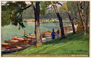 Postkartenalbum mit Motiven von Karlsruhe. "Karlsruhe. Stadtgarten, Bootslände". Bootsanlegestelle am Stadtgartensee