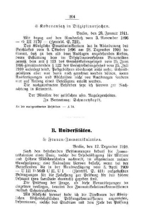 Frauen-Immatrikulation : [B. Universitäten]