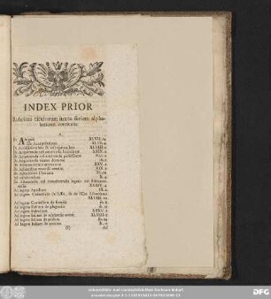 Index Prior Rubricas titulorum iuxta seriem alphabeticam continens.