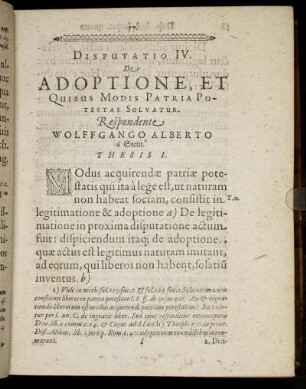 Disputatio IV. De Adoptione, Et Quibus Modis Patria Potestas Solvatur.
