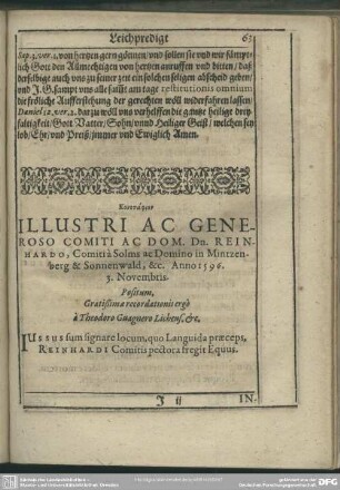 K[e]notaphion Illustri Ac Generoso Comiti Ac Dom. Dn. Reinhardo, Comiti à Solms ac Domino in Mintzenberg & Sonnenwald, & c. Anno 1596. 3. Novembris