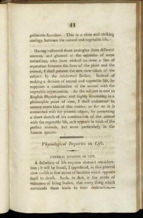 Physiological Inquiries on Life