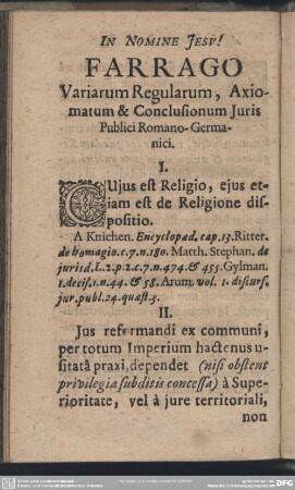 Farrago Variarum Regularum, Axiomatum & Conclusionum Juris Publici Romano Germanici
