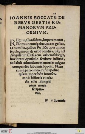 Ioannis Boccatii de rebus gestis romanorum prooemium