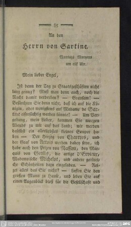 An den Herrn von Sartine. Montag Morgens um eilf Uhr