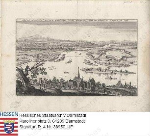 Gustavsburg, Gesamtansicht (Aufsicht) mit Mainmündung, rechts Festung Gustavsburg, links Kostheim und weiter Blick in das Maintal von Hochheim bis Rüsselsheim