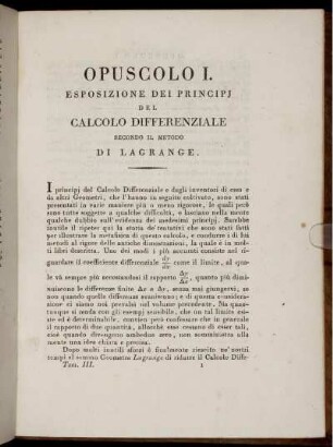 Opuscolo I. Esposizione dei Principe del Calcolo Differenziale.