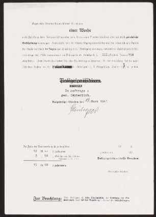 Schreiben des Polizeipräsidiums Dresden an Prof. Victor Klemper(er) vom 27.02.1941 betr. Festlegung einer Haftstrafe. Rückseite