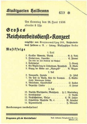 Programmzettel zu einem Reichsarbeitsdienst-Konzert des Gruppenmusikzuges 260 Heilbronn im Stadtgarten