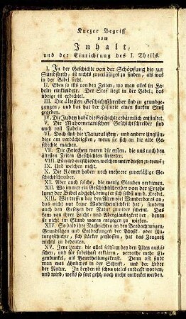 Kurzer Begriff vom Inhalt, und der Einrichtung des I. Theils.