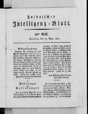 22tes Stück, Ausgabe vom 29. May, 1807