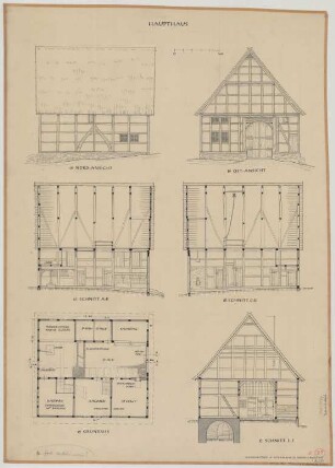 Wünnenberg (Kreis Büren): Haus Kleinschnittger. Haupthaus (Grundriss, Nordansicht, Ostansicht, Schnitte)