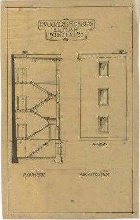 Billing, Hermann; Karlsruhe (Baden-Württemberg), Erbprinzenstr. 6; Druckerei Fidelitas, Umbau - Schnitt (Ansicht)