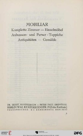 Mobiliar - komplette Zimmer, Einzelmöbel, Aubusson- und Perser-Teppiche, Antiquitäten, Gemälde : [13. Juni 1936]