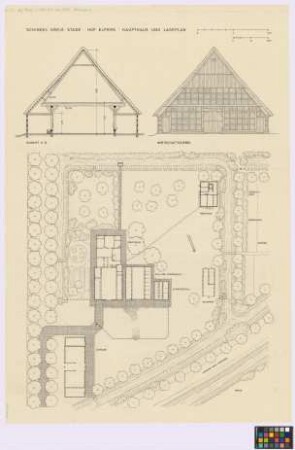 Schinkel (Kreis Stade): Hof Elfers. - Lageplan mit Scheune (Grundriss), Haupthaus (Grundriss), Kuh- und Pferdestall (Grundriss), Schweinestall (Grundriss), Schuppen (Grundriss), Backhaus (Grundriss). - Haupthaus (Querschnitt C-D, Wirtschafts-Giebel-Ansicht). - Aborte (Grundriss)