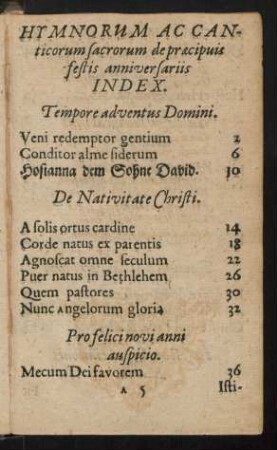 Hymnorum Ac Canticorum sacrorum de praecipuis festis anniversariis Index.