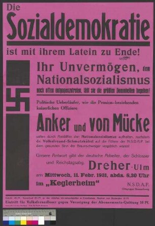Plakat der NSDAP zu einer öffentlichen Parteiversammlung am 11. Februar 1931 in Braunschweig