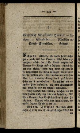 9. Entheilung des gestirnten Himmels. - Horizont. - Sternbilder. - Nördliche und südliche Sternbilder. - Ekliptik.