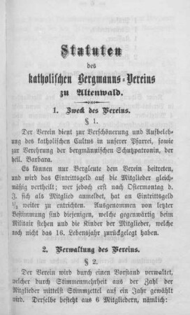 Statuten des Katholischen Bergmanns-Vereins zu Altenwald