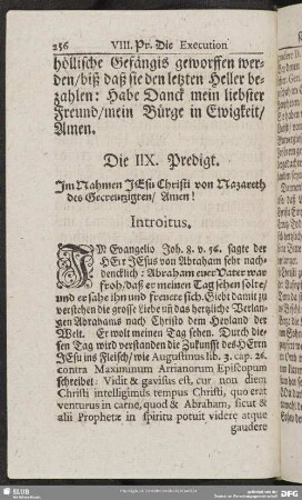 Die IIX. Predigt. Im Nahmen JEsu Christi von Nazareth des Gecreutzigten, Amen!