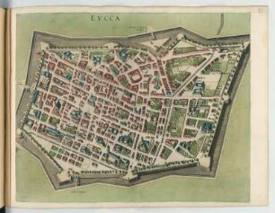 Vogelschauplan von Lucca, 1:3 400, kolorierter Kupferstich, um 1682 : Lucca . - [Ca. 1:3 400]. - [Amsterdam] : [Bÿ d' Erfsgenamen van Joannes Janssonius van Waesberge], [1682]. - 1 Vogelschauplan : Kupferstich. ; 51 x 41 cm (Karte)