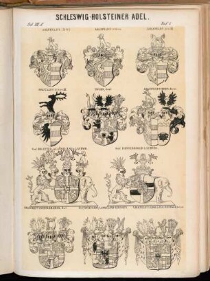 Taf.1. Ahlefeldt (St. W.). - Ahlefeldt St. W. and. - Ahlefeldt.St. W. III. - Ahlefeldt, St. W. and III. - Dehn Graf. - Ahlefeldt-Dehn, Baron. - Graf Ahlefeldt zu Langeland u. Laurvig. - Graf Danneskiold-Laurvig. - Ahlefeldt-Eschelsmarck, Graf; Graf Ahlefeldt-Langeland Rixingen. - Ahlefeldt-Langeland Rixingen Graf, and.