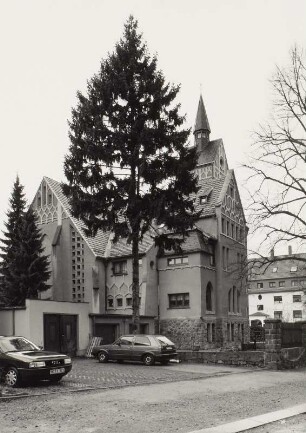 Katholische Sankt Laurentiuskirche : Mittweida, Sankt Laurentiuskirche mit Wohnh- und Gemeindehaus, Damaschke Straße 1, Eckansicht (Gabelsberger/Gartenstraße)