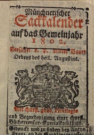 Münchnerischer Sackkalender : auf das Jahr .... 1802