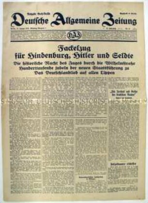 Tageszeitung "Deutsche Allgemeine Zeitung" zum Fackelzug in Berlin nach der Regierungsübernahme durch Hitler