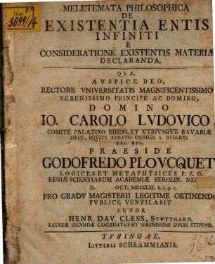 Meletemata philosophica de existentia entis infiniti e consideratione existentis materiae declaranda
