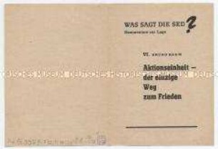 Propagandaschrift aus der Reihe "Was sagt die SED" über den Kampf der Gewerkschaften in der Bundesrepublik