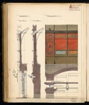 Bahnhof Börse der Stadtbahn, Berlin Monatskonkurrenz Oktober 1878: Längsschnitt mit Innenansicht der Fensterwand (Ausschnitt), 2 Vertikalschnitte der Fassade; Maßstabsleiste