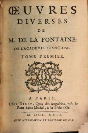 Oeuvres Diverses De M. De La Fontaine, De L'Academie Françoise. 1