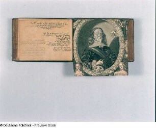Bildnis Quirin S. Schacher : Stammbuch von Gottfried Cernitius. Eintrag von Quirin S. Schacher mit einem Porträt des Leipziger Rechtsgelehrten, Blätter 122v, 123