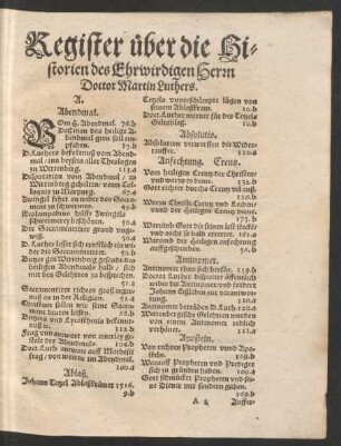 Register über die Historien des Ehrwirdigen Herrn Doctor Martin Luthers.