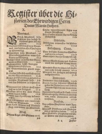 Register über die Historien des Ehrwirdigen Herrn Doctor Martin Luthers.