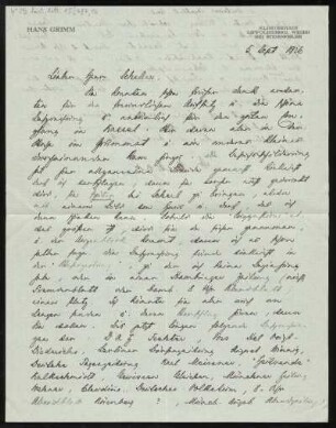 Brief von Hans Grimm an Will Scheller