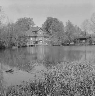 Mühlenteich: vorn Gräser: hinten Mühle zwischen Bäumen: rechts Schuppen