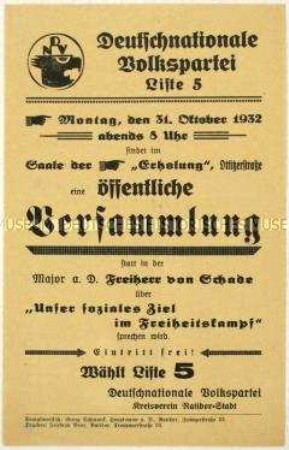 Ankündigung einer Versammlung der Deutschnationalen Volkspartei am 31. Oktober 1932 in Ratibor zur bevorstehenden Reichstagswahl