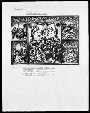Altar, Mittelschrein mit der Darstellung des Kalvarienberges und weiteren Szenen der Passion Christi