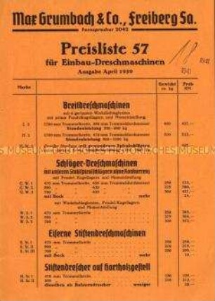 Preisliste für Dreschmaschinen