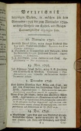 Verzeichniß derjenigen Sachen, in welchen seit dem November 1798 bis zum November 1799. wichtige Urtheile am Kaiserl. und Reichs-Cammergerichte ergangen sind.