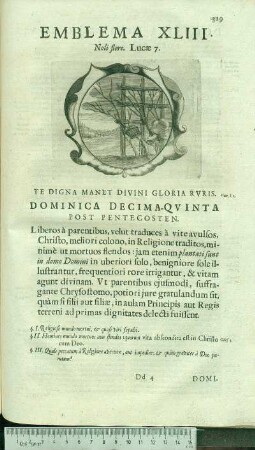 Emblema XLIII. Noli flere. Lucæ 7. Te Digna Manet Divini Gloria Rvris. Geor.l.1. Dominica Decima-Qvinta Post Pentecosten.